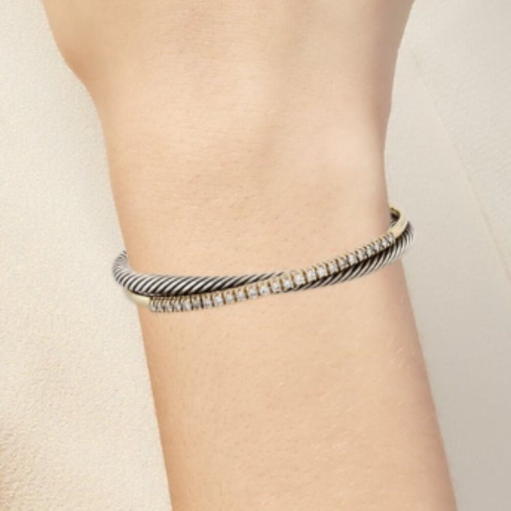 DAVID YURMAN TWO-TONE DIAMOND 1.25 CTW CROSSOVER ROW CUFF BRACELET - Picture 7 of 7